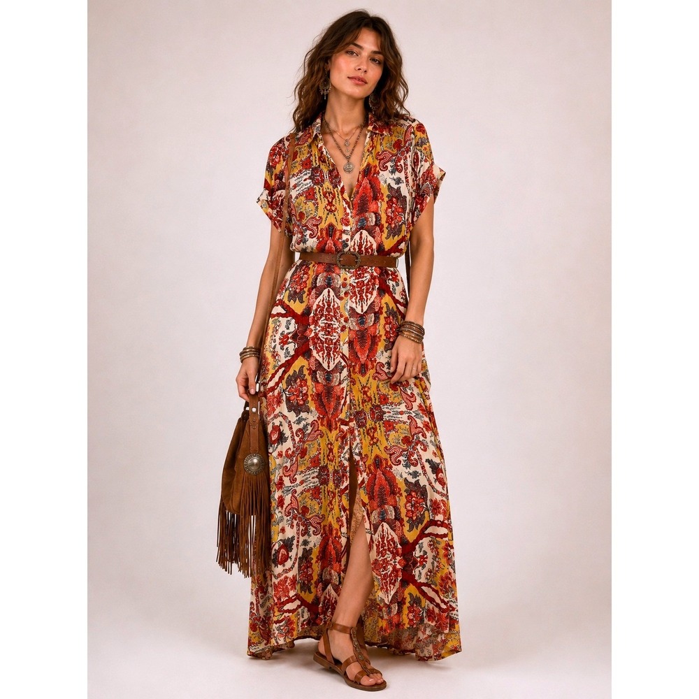 Natura Maxi Dress Women Size S Multicolor Paisley Floral Boho Portugal Viscose